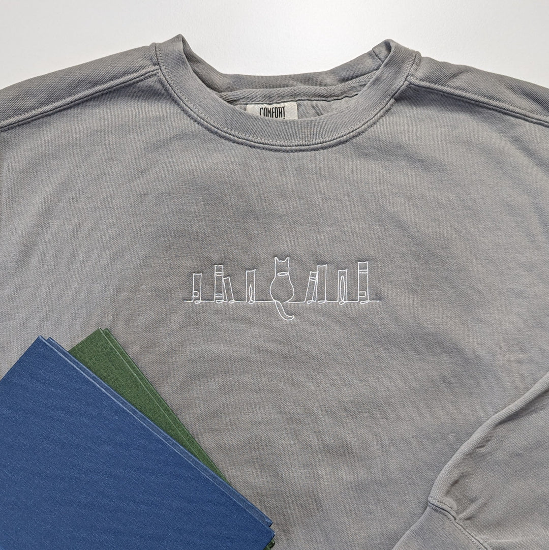 Cat Bookshelf Line Drawing Embroidered Sweatshirt