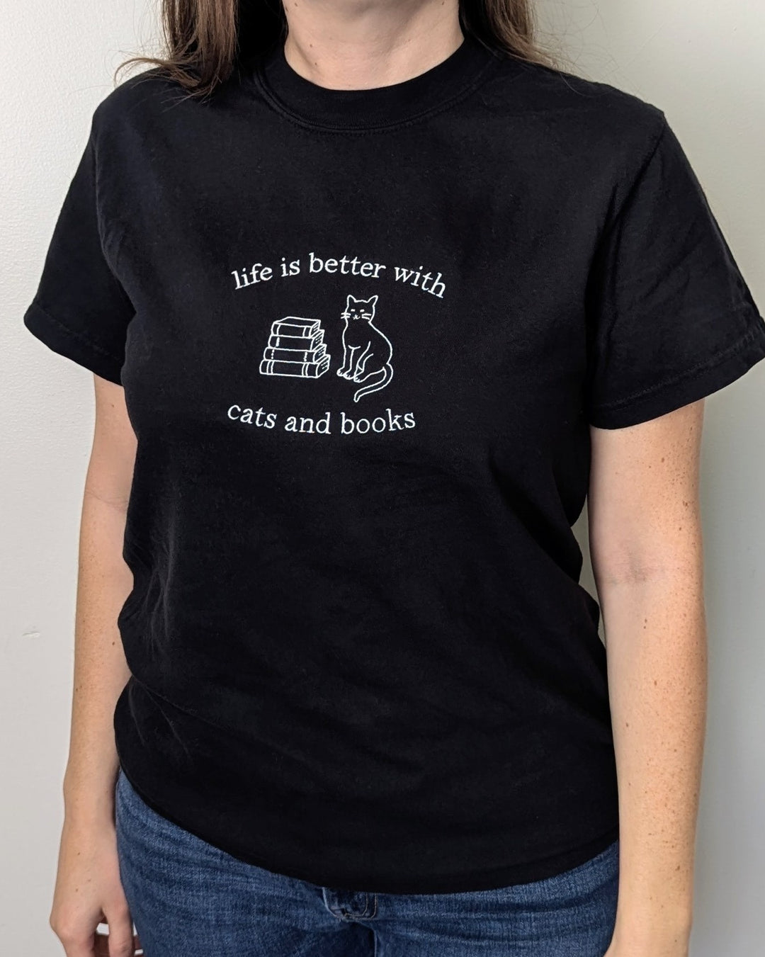Life Is Better With Cats and Books Embroidered Shirt