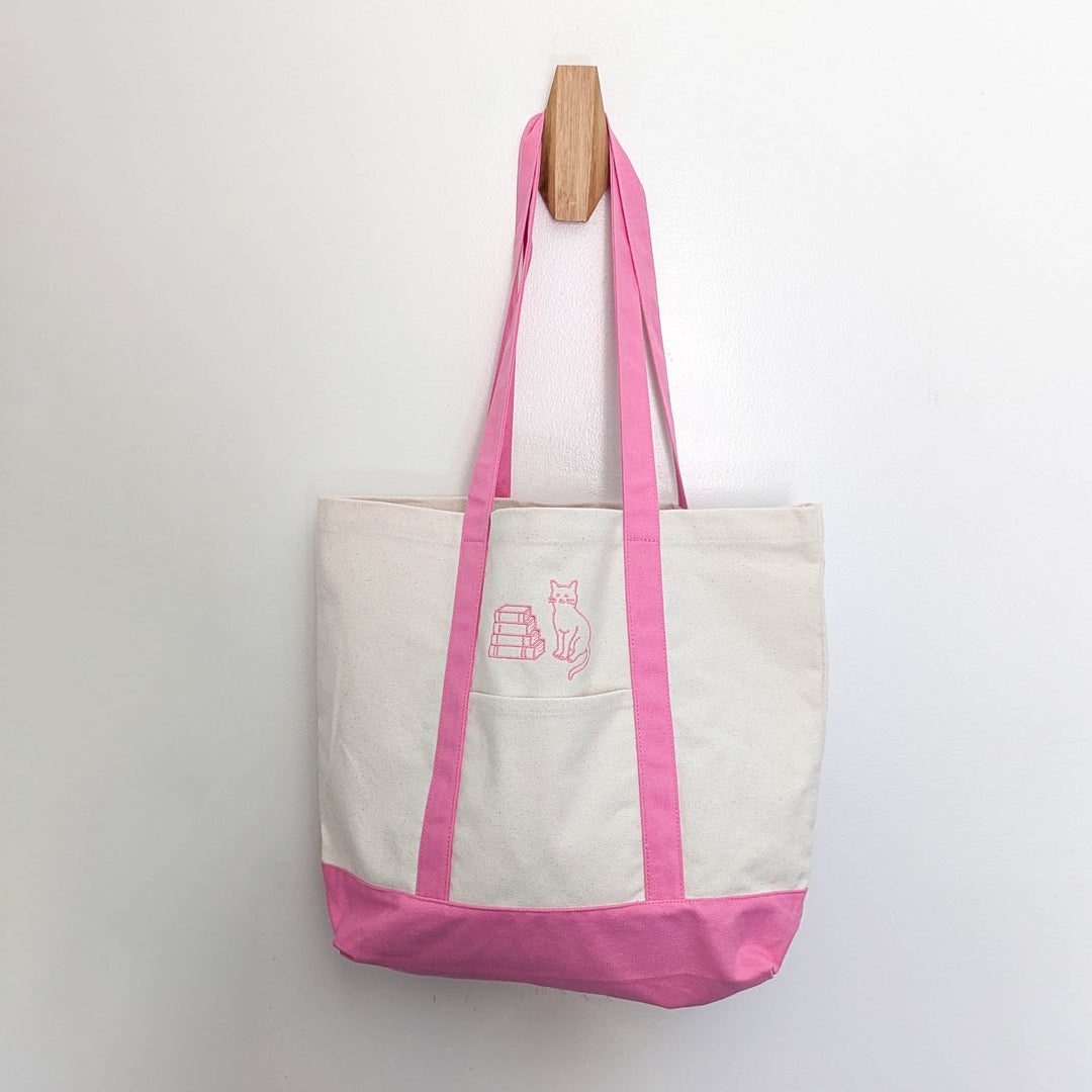 Cat and Book Stack Embroidered Tote Bag