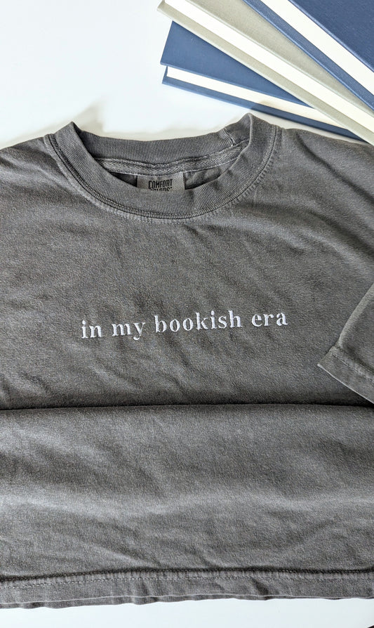 In My Bookish Era Cropped Embroidered Shirt